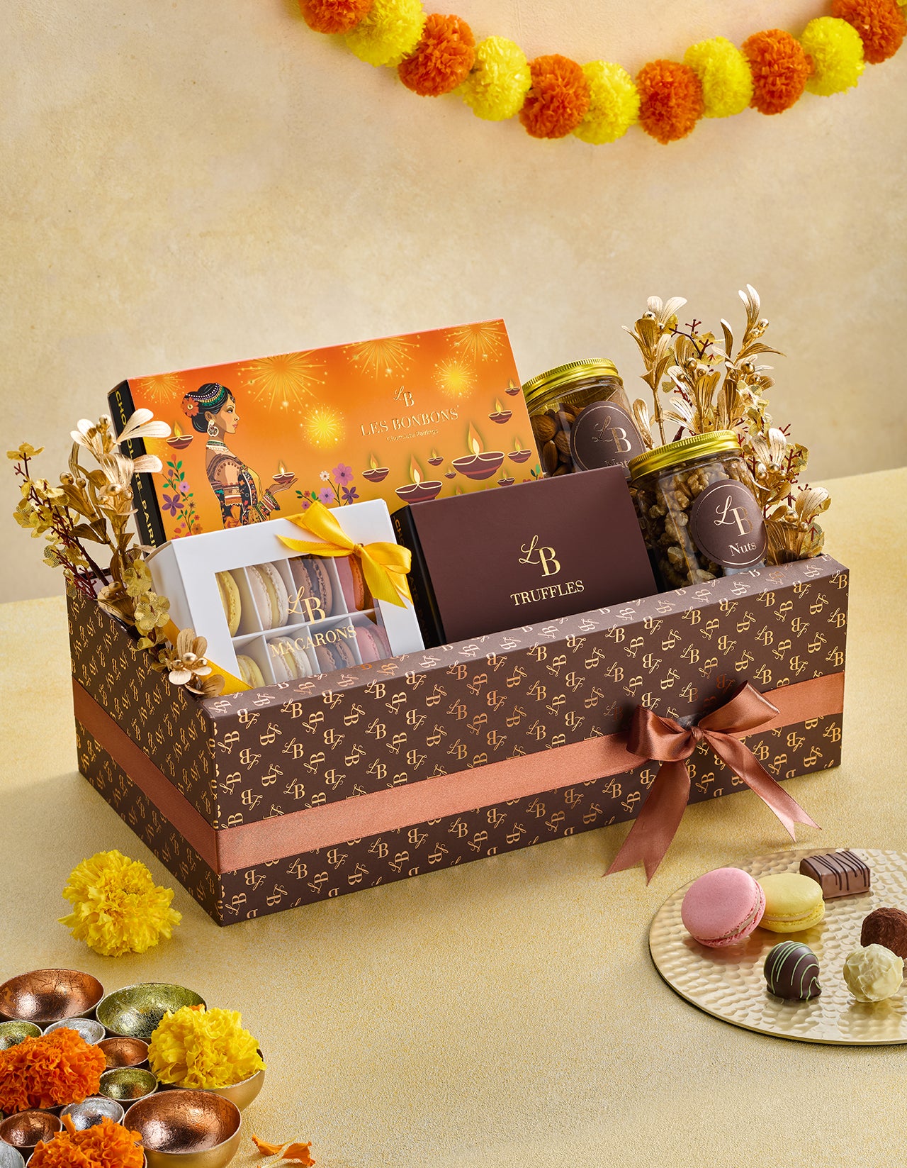 Diwali Gift hamper with chocolate, macarons & nuts