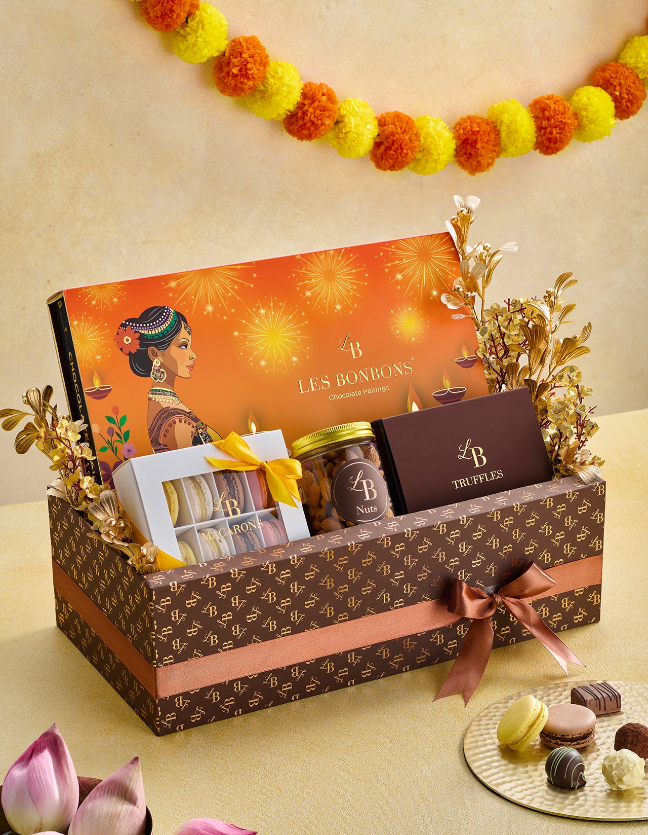 Luxury Diwali Royal gift hamper with 40pc chocolate box, macarons and truffles - Large