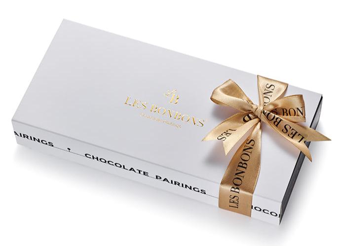 LES BONBONS chocolate bonbons gift small, white sleeve, gold ribbon chocolate box