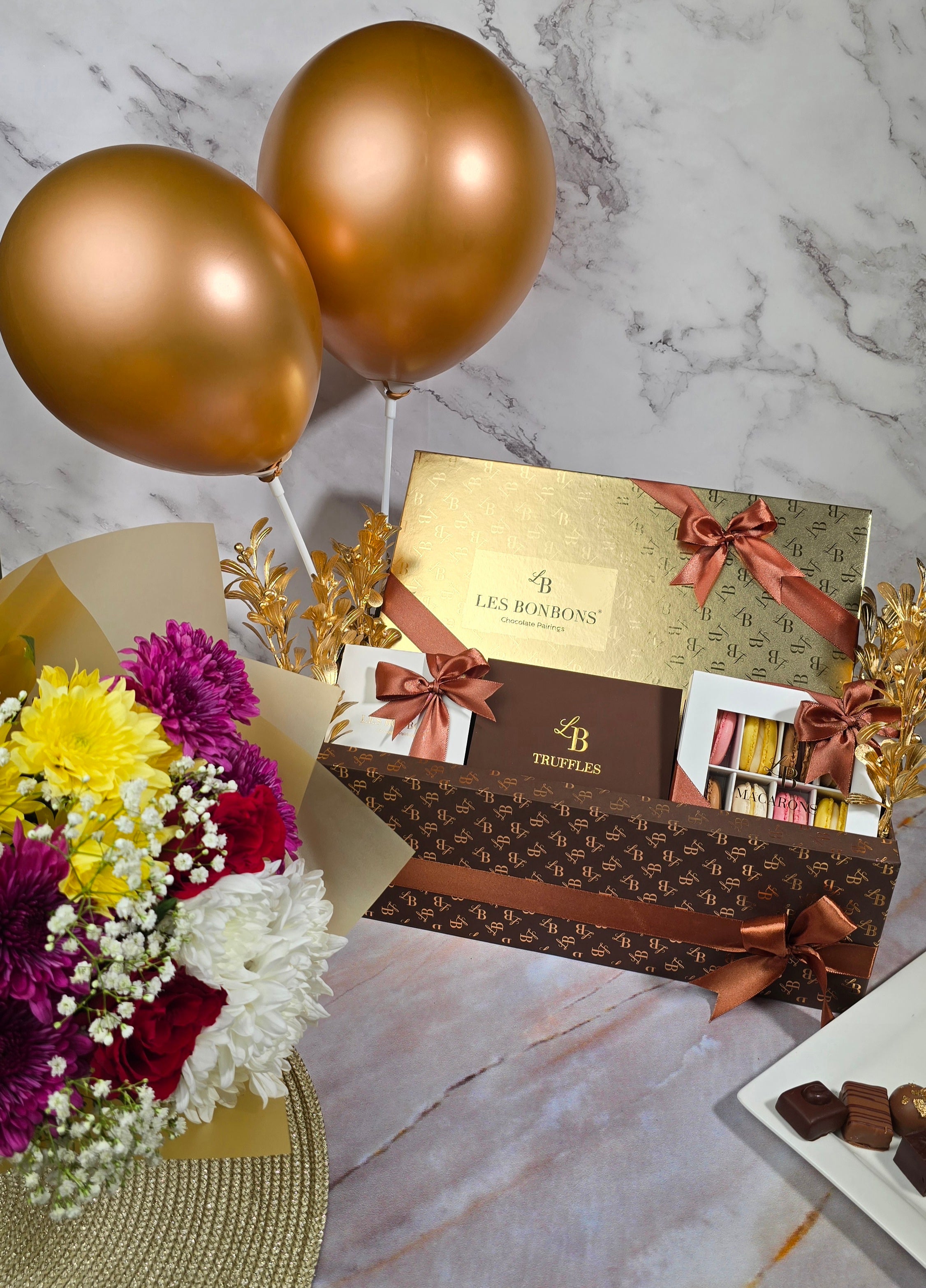 Royal Birthday Gift Hamper with Flowers, Bonbons, Truffles, Macarons