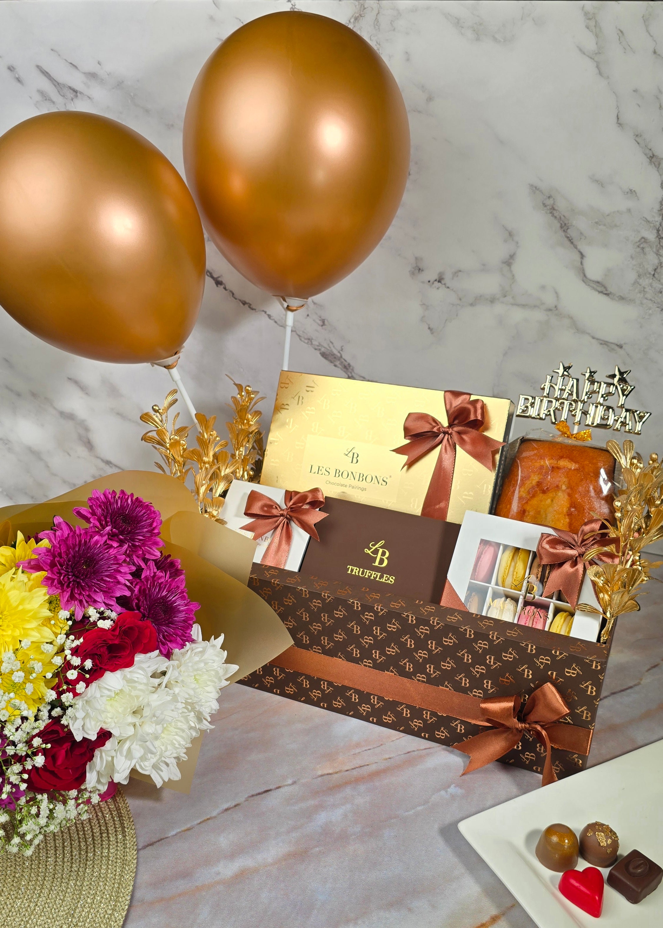 Signature Birthday Gift Hamper with Balloons, Bonbons, Truffles, Cake & Flowers