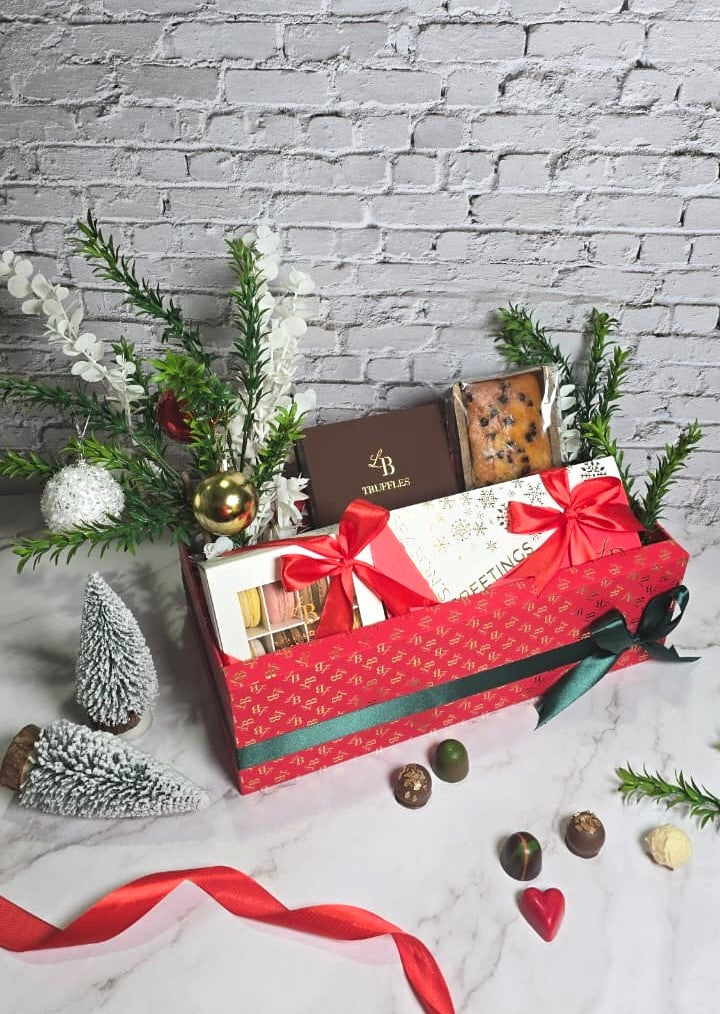 Classic Christmas Hamper with Chocolates, Macarons, Cakes, Truffles and Christmas Tree