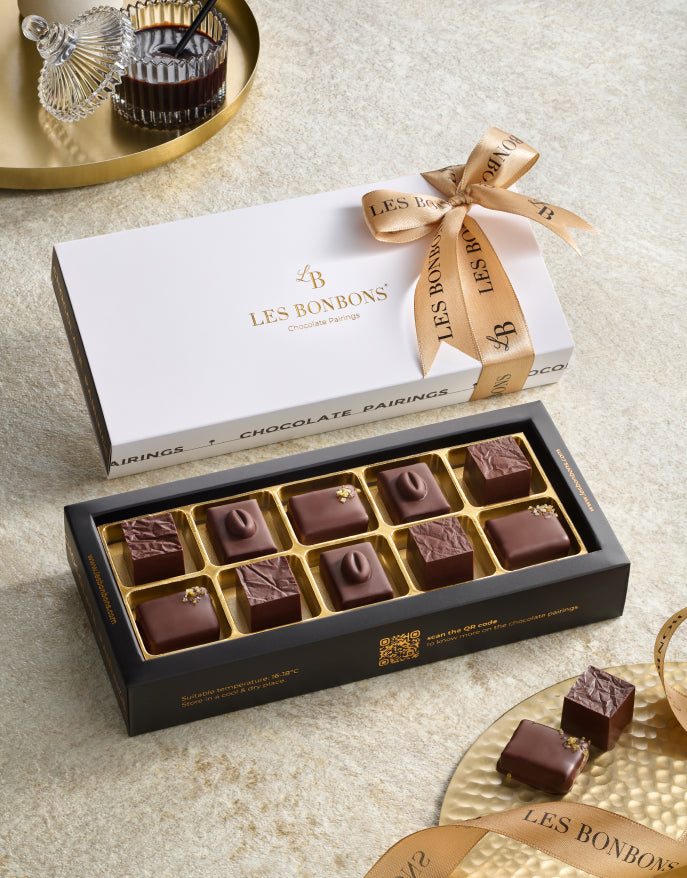 LES BONBONS Chocolate bonbons gift, small dark chocolate gift, white pack and gold ribbon
